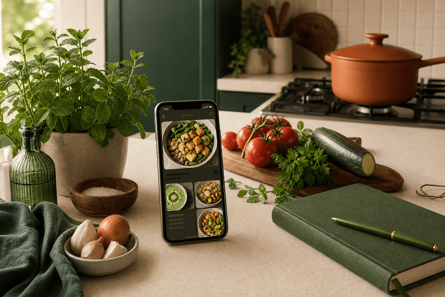A kitchen counter with fresh ingredients and the Ocak recipe app open on a phone